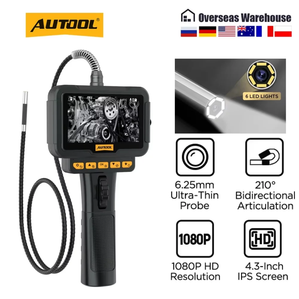Boroscope articulé AUTOOL SVB208 avec écran de 4,3 pouces, 1080P, 6,25 mm, IPS, bidirectionnel, 270° °   Caméra endoscopique orientable avec carte TF de 32 Go *