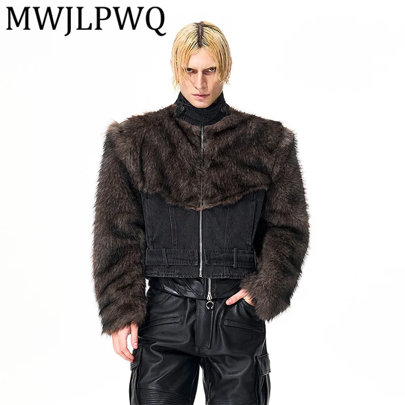 

MWJLPWQ Design Sense лоскутная джинсовая куртка из искусственного меха для мужчин, зимняя короткая уличная одежда с плечами, винтажные модные топы в стиле ретро 12650
