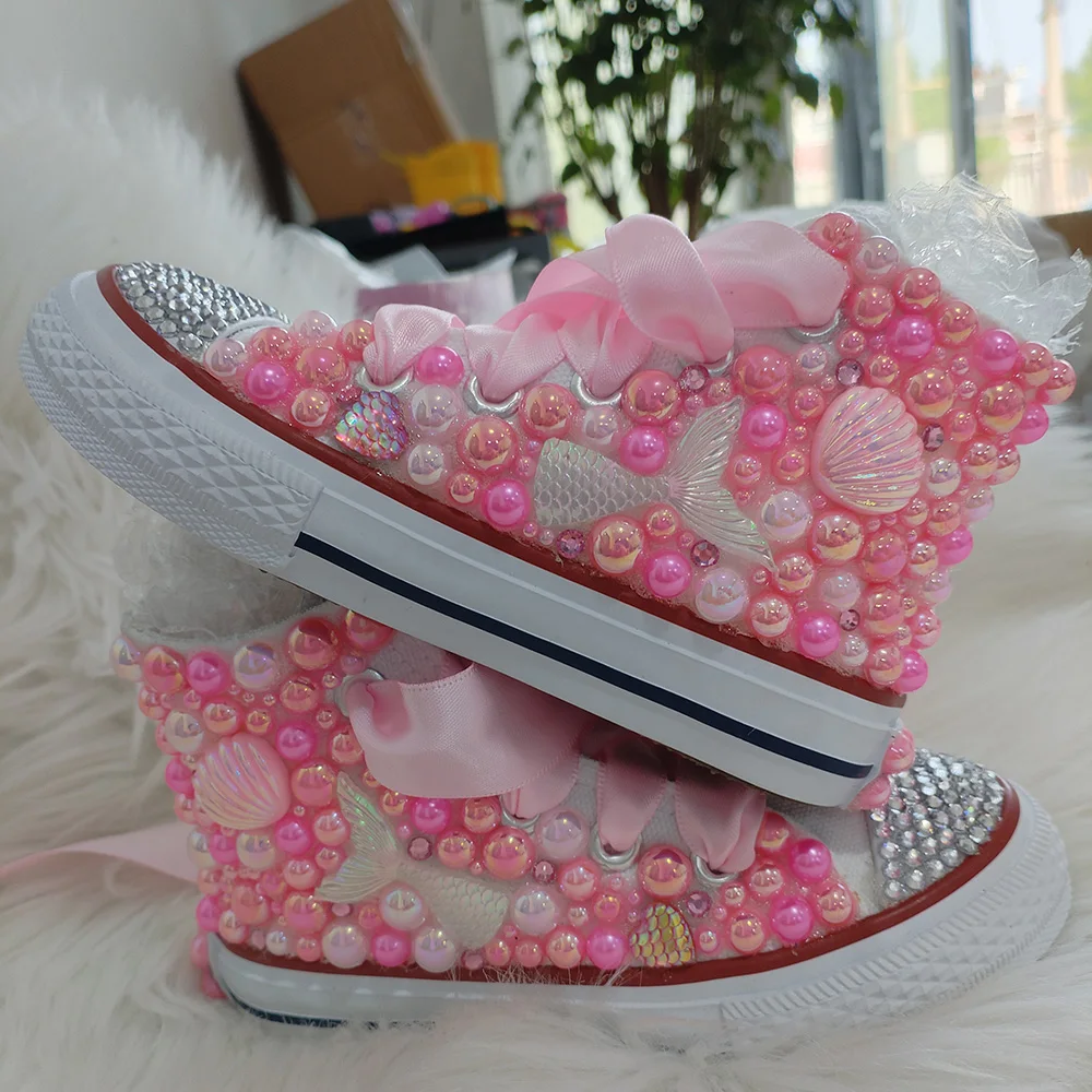 Handmade Rhinestone Bling Girls Womens Kids And Mother Candy Canvas Shoes Pearls Sneakers For Birthday Party Christmas gift