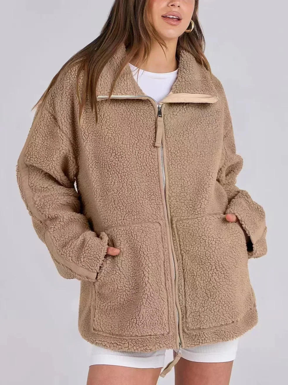 

Women's Outerwear Street Trend Autumn Winter New Arrival Lamb Fur High Collar Woolen Coat Pure Color Lazy Style