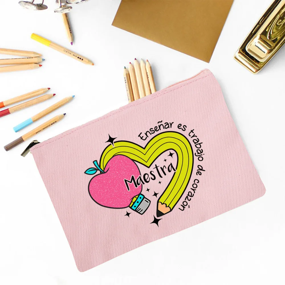 Maestra Spanish Heart print Makeup Bag Travel Neceser Travel Toiletry Organizer case Pencil Bags back to school Gift for teacher