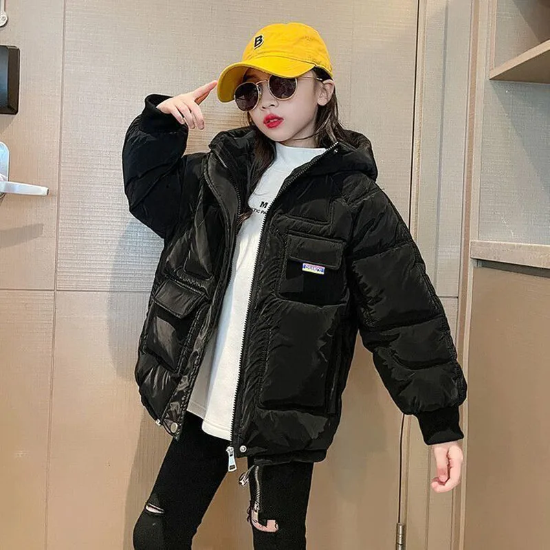 -30℃ 2024 Winter New Girls Parka Jacket Solid Color Thick Warm Hooded Coats For 4-14Y Teen Girls Fashion Down Cotton Overcoat