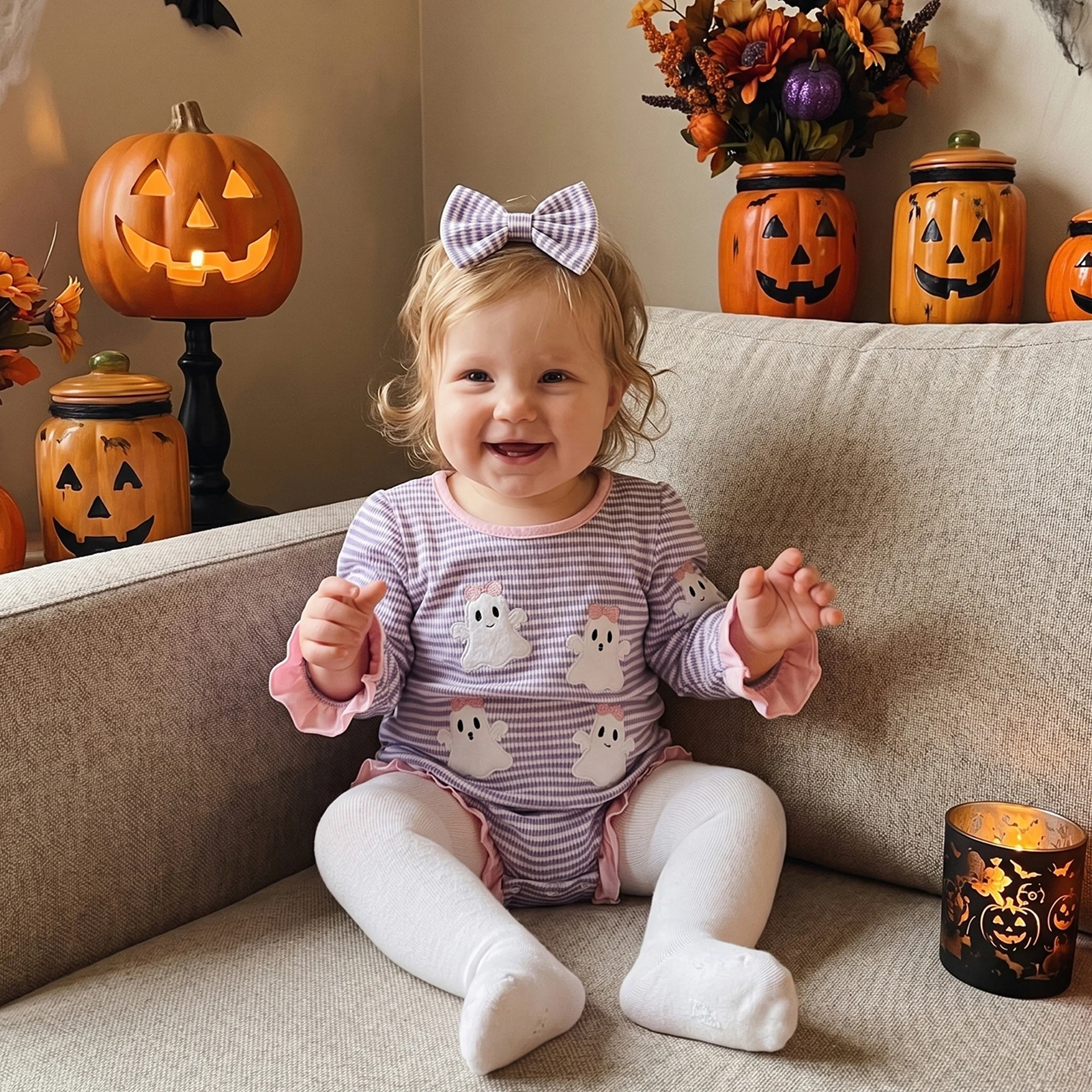 Baby Girl Halloween Outfits Long Sleeve Ghost Embroidery Romper with Headband Set Newborn Halloween Costume