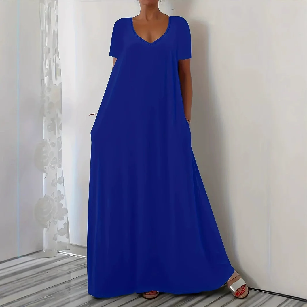 Sommerliches neues einfarbiges Kleid mit V-Ausschnitt, lockeres Kleid mit kurzen Ärmeln und langem Rock im lässigen, vielseitigen Stil – Detail 6