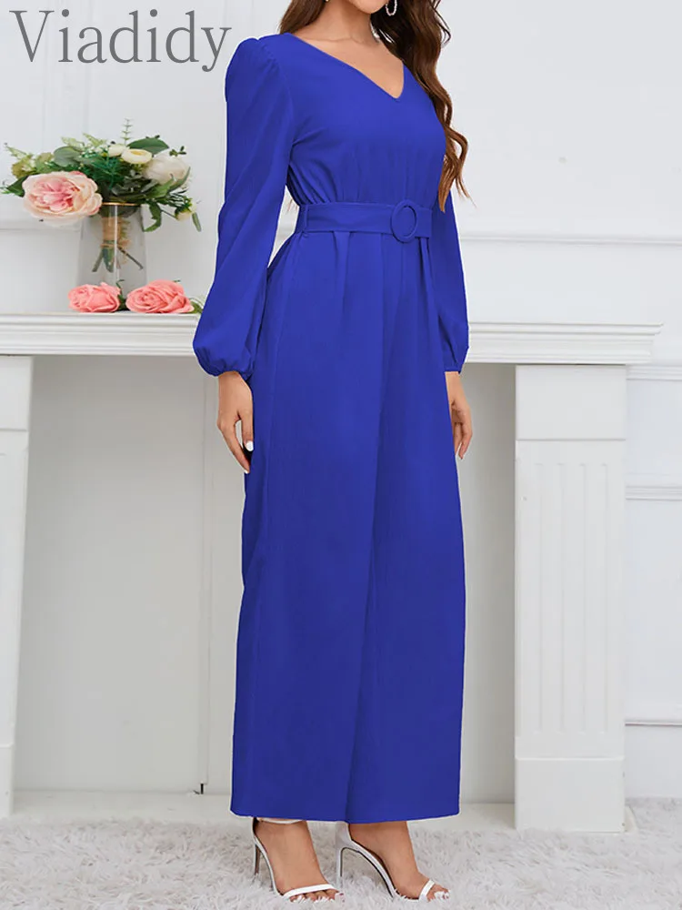 Office Lady Solid Color V-Neck Long Sleeve Straight Jumpsuit With Belt