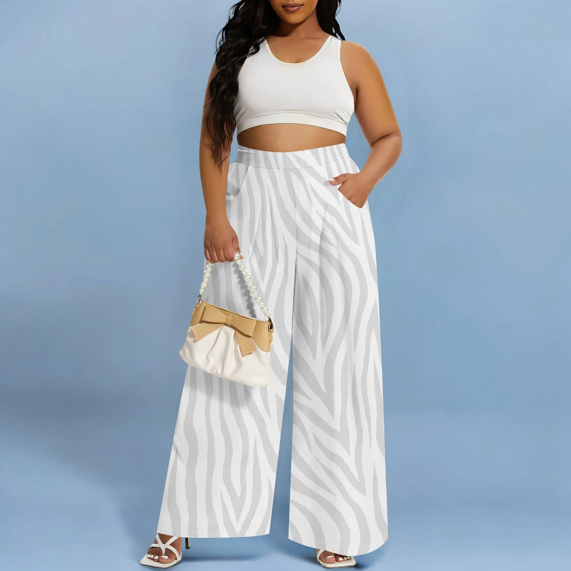 

EQQZD High Waist Wide Leg Long Pants for Women, Stylish Zebra Pattern Print Pocket Trousers for Daily Casual Wear