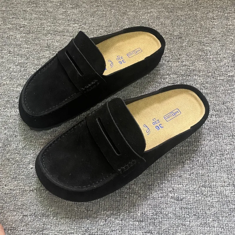 Fashionable cowhide toe cap half drag one foot kick thick soled lazy shoes men's retro casual comfortable breathable slippers
