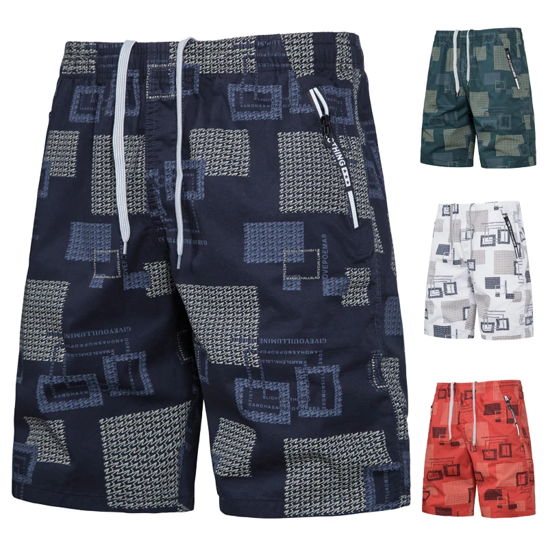 Summer Beach Shorts Multiple Pockets Large Size Sports Casual Shorts Half Pants White Green Print Shorts Man Streetwear