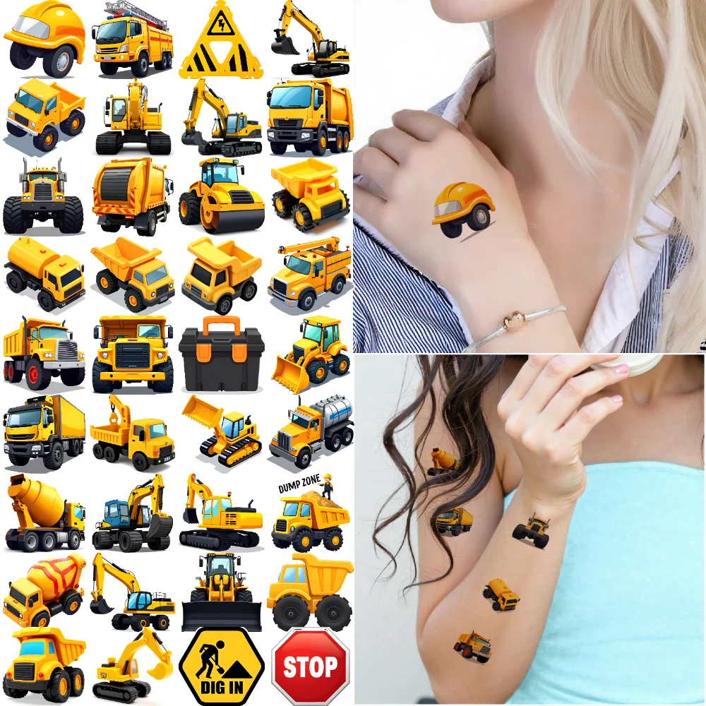 

63pcs Temporary Tattoo Construction Vehicles Waterproof Long-lasting Body Stickers Warning Signs Temporary Tattoo Stickers