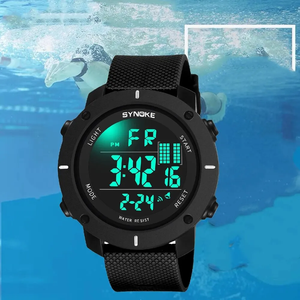 SYNOKE Men Outdoor Sports Multifunctional Waterproof Shock Resistant Large Screen Display Luminous LED Digital For Men Fashion