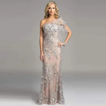 Elegante Strook Kant Één Schouder Moeder Van De Bruid Jurk Appliqueert Vloerlengte Jurken Voor Prom Party