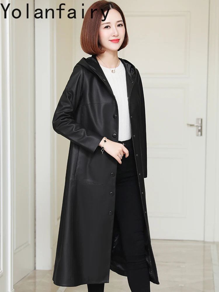 YOLANFAIRY Nachrichten Frühling Herbst Echtem Schaffell Leder Jacke Frauen Mit Kapuze Koreanische Mode Lange Echt Leder Graben Mantel Frau