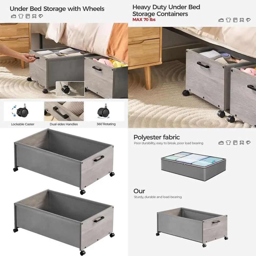 

Rolling Wooden Underbed Storage Box with Wheels, 70L Capacity for Space-Saving