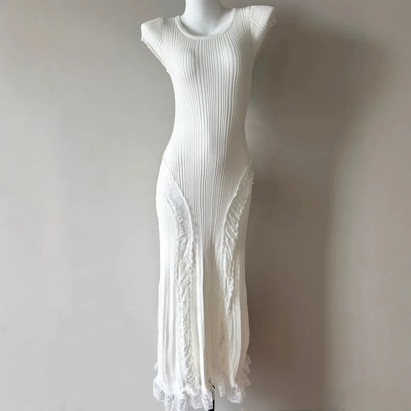 Abito Estivo da Donna Nuovo Stile alla Moda in Maglia a Maniche Corte con Pizzo, Elegante Vestito Lungo Aderente Femminile per Feste e Uso Quotidiano
