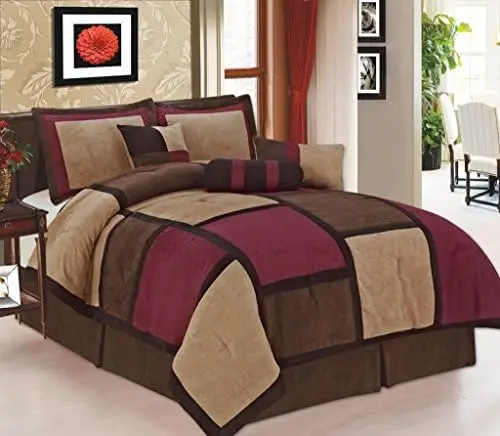 

7-Piece Burgundy Brown Beige Micro Suede Patchwork Comforter Set Machine Washable Full Size, Bed-in- Bag Satin bed sheet set