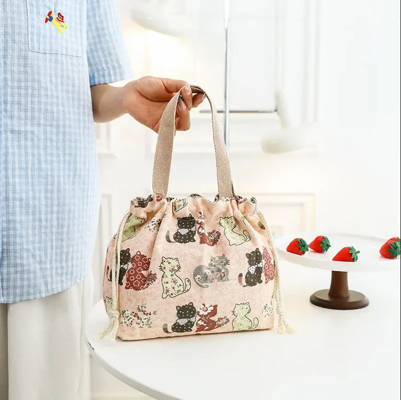 Japanese Cute Bento Bag Tote Canvas Lunch Bags Cartoon Anime Drawstring Bag Foldable Holds Two Lunch Boxes