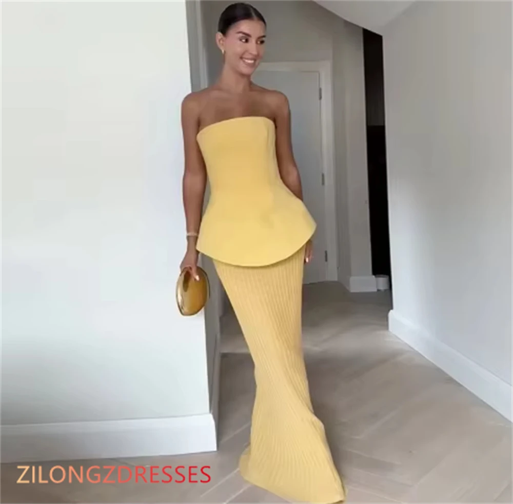 Customized  Mermaid Simple Yellow Chiffon Evening Dress Classic Strapless Sleeveless Homecoming Dresses Fashion Party G image 3