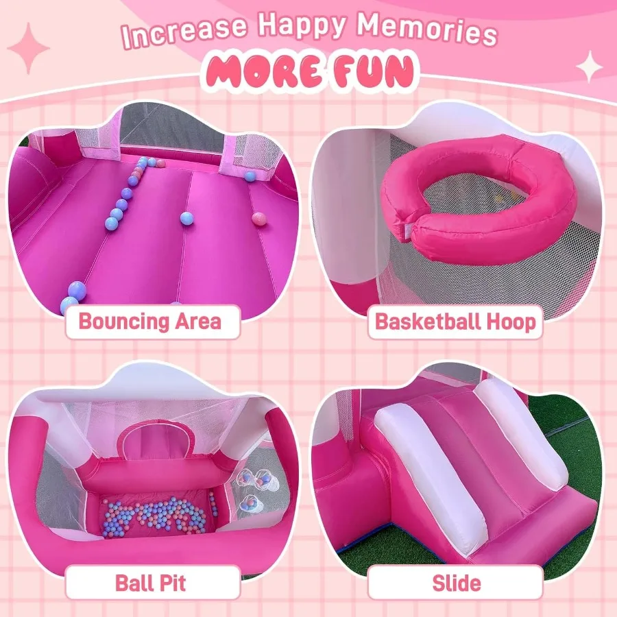 Casa da rimbalzo gonfiabileCasa da rimbalzo per interni rosa con pozzo di palline Casa gonfiabile da salto con scivolo per canestro da basket B