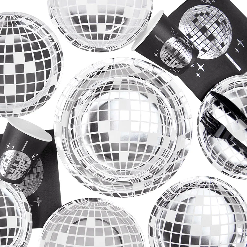 Disco Ball Theme Disposable Tableware Set Glitter Silver Tablecloth Paper Plates Cups For Wedding Birthday Disco Party DIY Decor