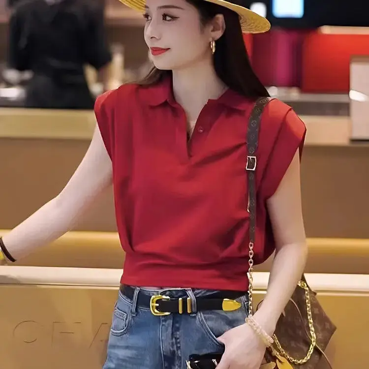 

Retro Red Polo Collar Sleeveless Flutter Sleeve Loose Cropped Top