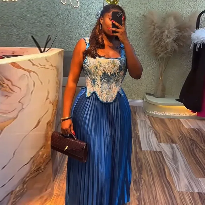

Women's Set Floral Print Waist-cinching Vest +Pleated Long Skirts Suit 2025 Party Evening Street Two 2 Piece Set Outfit