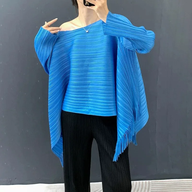 Miyake Pleated Fringe Top Off-Shoulder Irregular Long Sleeve Fashion Pullover Simple Casual Stretch Women's Plus Size T-Shirt