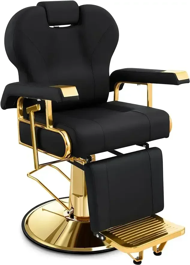 Professional Reclining Salon Chair with Adjustable Backrest, Elegant Black Gold Barber Chair with Heavy Duty Steel Fram