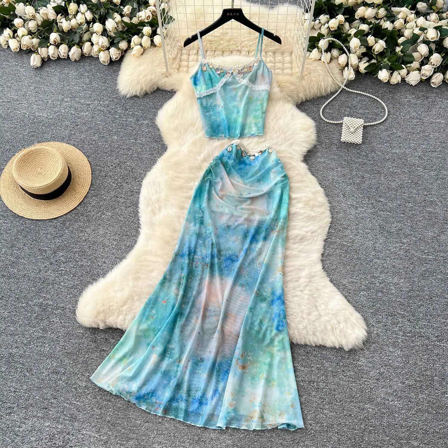 

Summer Faion Women's Sweet Soft Lace Splicing Tie Dye Print Vest High Waist Me ter Skirt Two Piece Set Ethnic Sle