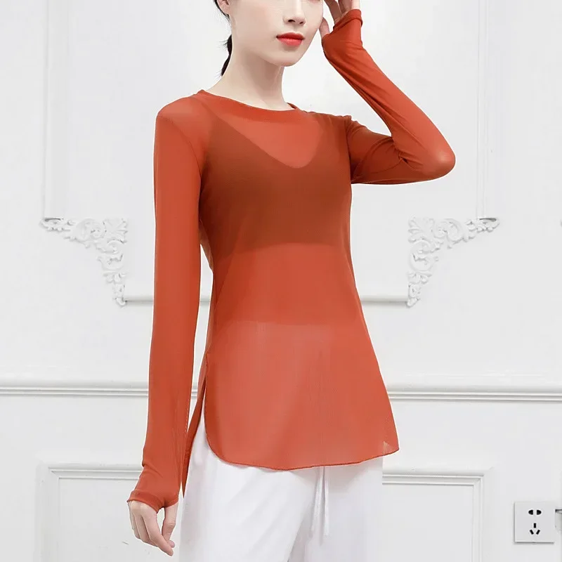 بدلة ممارسة الرقص الشعبي الكلاسيكي الحديث أنثى تدريب الجسم المعلم اليوغا كم طويل غطاء شبكي إصبع علوي الكبار