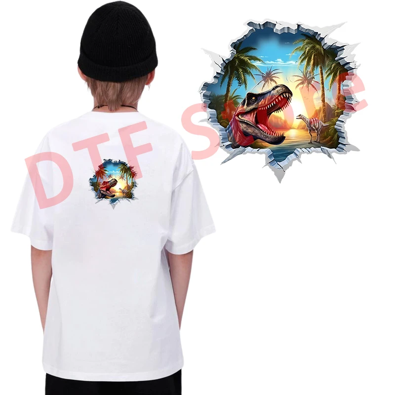 Dinosaurs break through holes and emerge from walls DTF Heat Transfer On Clothes iron on heat transfer Children\'s clothing