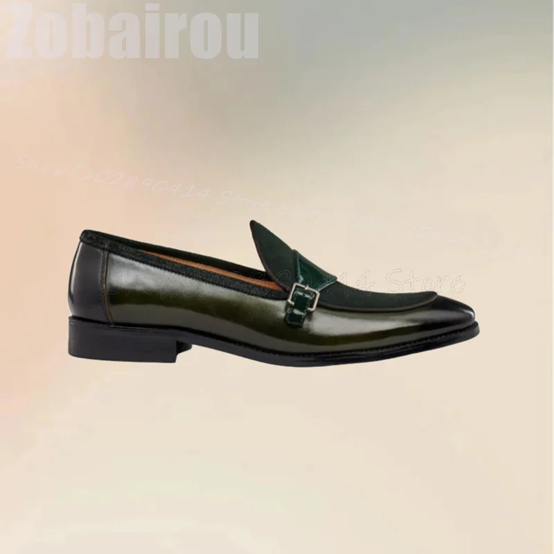 Green Patchwork Buckle Decor Double Monk Loafers Fashion Slip On Men Shoes Luxury Handmade Party Feast Banquet Men Casual Shoes