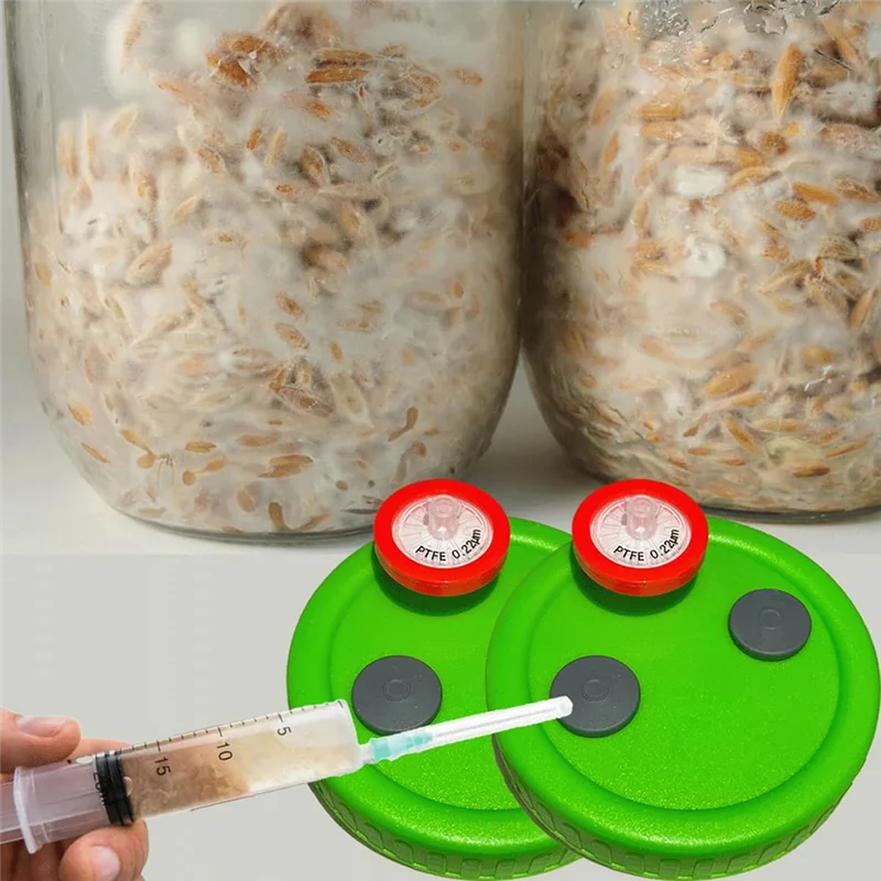 غطاء برطمان ميسون بلاستيكي واسع الفم (8 قطع)، مع فلتر حقنة PTFE 0.22Um ومنفذ حقن 20 مم، يتضمن أغطية الثقافة السائلة