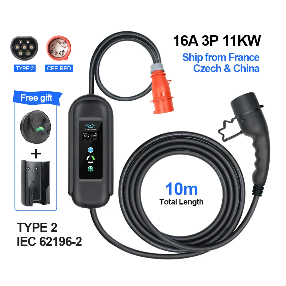 Kolanky Draagbare EV-oplader 16A 11KW Type 2 IEC-62169 Stroomregelaar Timer 1-15 uur Opladen Elektrische voertuigen Auto's 10M totaal