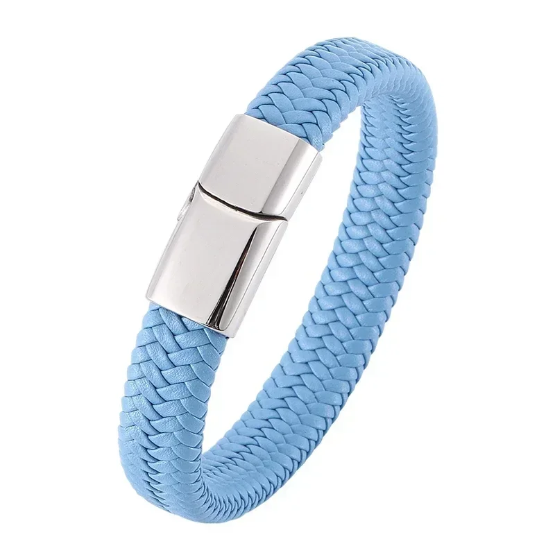 

Fashion Simple Blue Leather Braided Bracelet for Men Stainless Steel Clasps Handmade Bangles Wholesale Charm Jewelry Gift SP0003