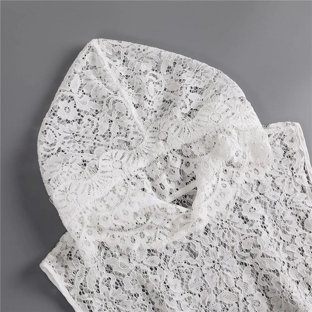 With Cap Fake Lace Floral Collar Gauzy Slim Mesh Base Layer Top Solid Color Short Sleeve Detachable False Collar Versatile