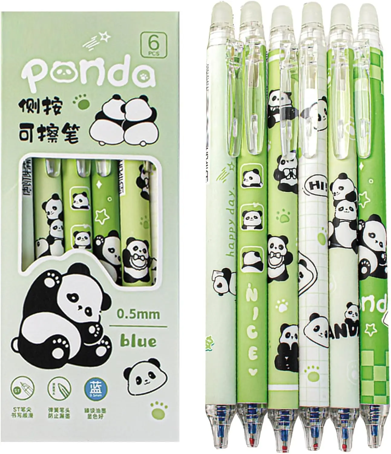 6 Cute Erasable Panda Pens, 0.5mm Blue Ink Retractable Gel Pens for School Office Supplies