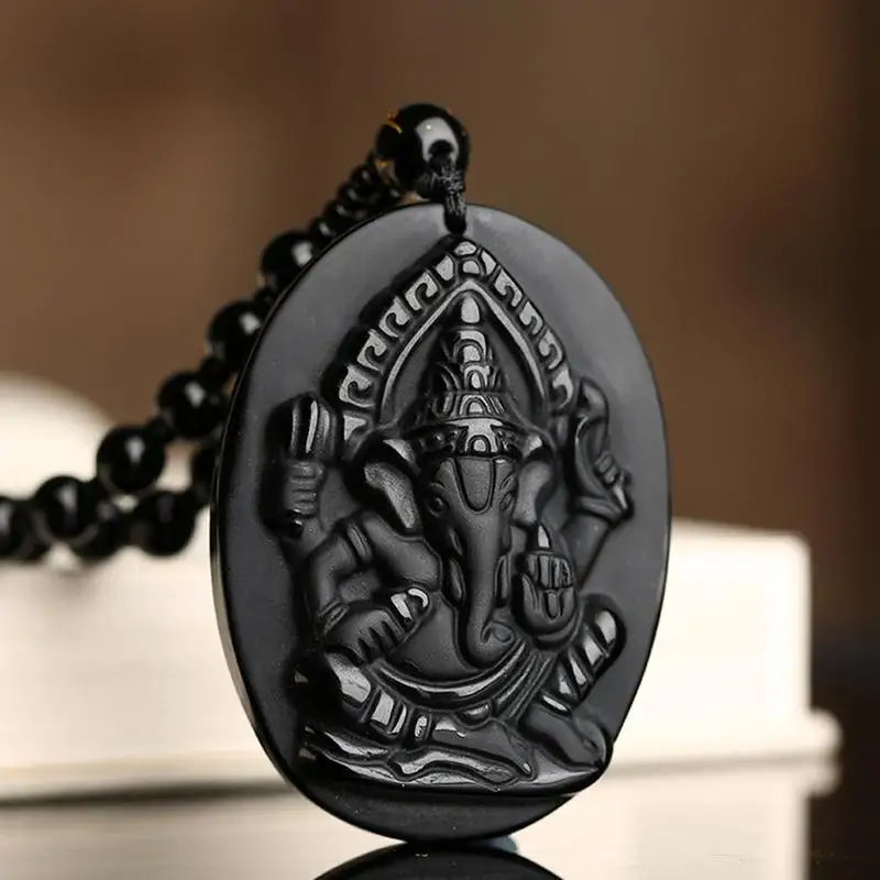 New Necklace Men Jewelry Obsidian Carved Ganesha Elephant Pendant Beads Natural Amulet Lucky Klace Wealth Chain Klace Pendant