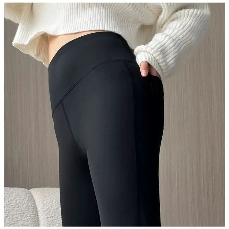 2024 Autumn Winter Fleece Thicken Flared Pant Yoga Leggings Women Casual High-waisted Wide Leg Pants Plush Stretch Trouser