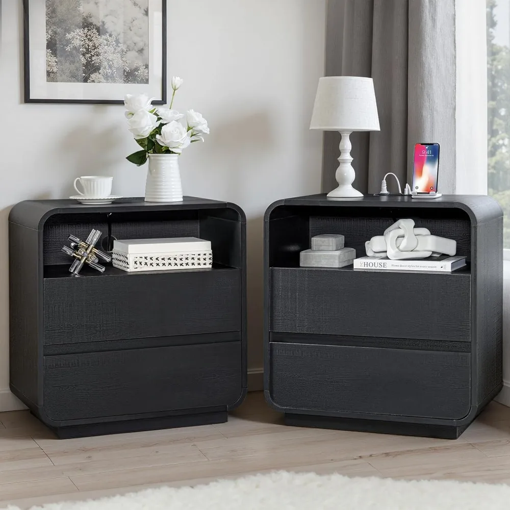 مجموعة منضدة سوداء مكونة من قطعتين مع قاعدة شحن، وطاولة بجانب السرير خشبية طويلة، ومنضدة ليلية حديثة مع درجين للتخزين، وP منحني