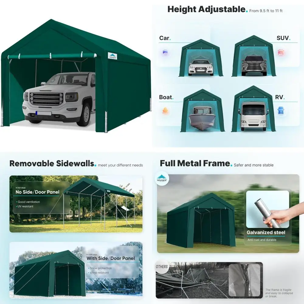 

Сверхмощное водонепроницаемое гаражное укрытие для автомобиля, 12x20 футов, регулируемая высота 6,5-11 футов, съемные боковые стенки, наружный навес
