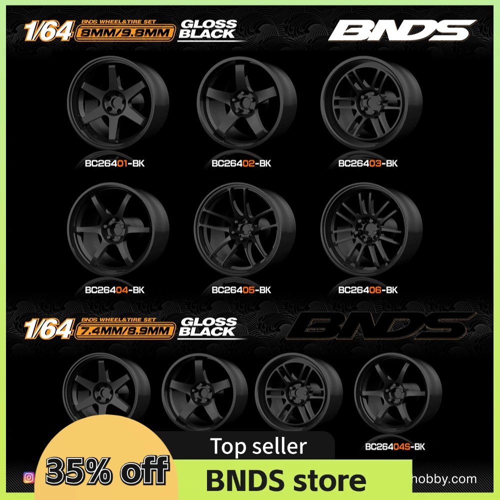 1/64 Gloss Black ABS Wheels With Rubber Tires By BNDS Assembly Rims Modified Parts for Model Car Refitted Model Car 4pcs Set