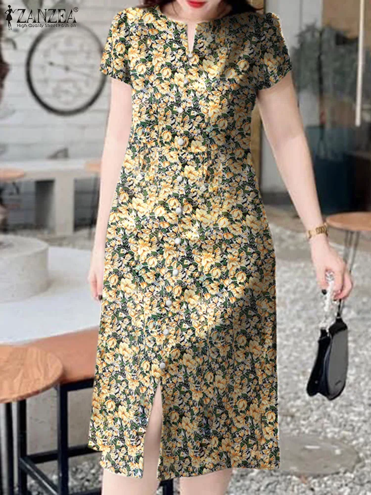 

ZANZEA Elegant Slit Fornt Chic Dresses Women Floral Print Sundress 2024 Summer Single Breast Robe Korean Short Sleeve Midi Dress