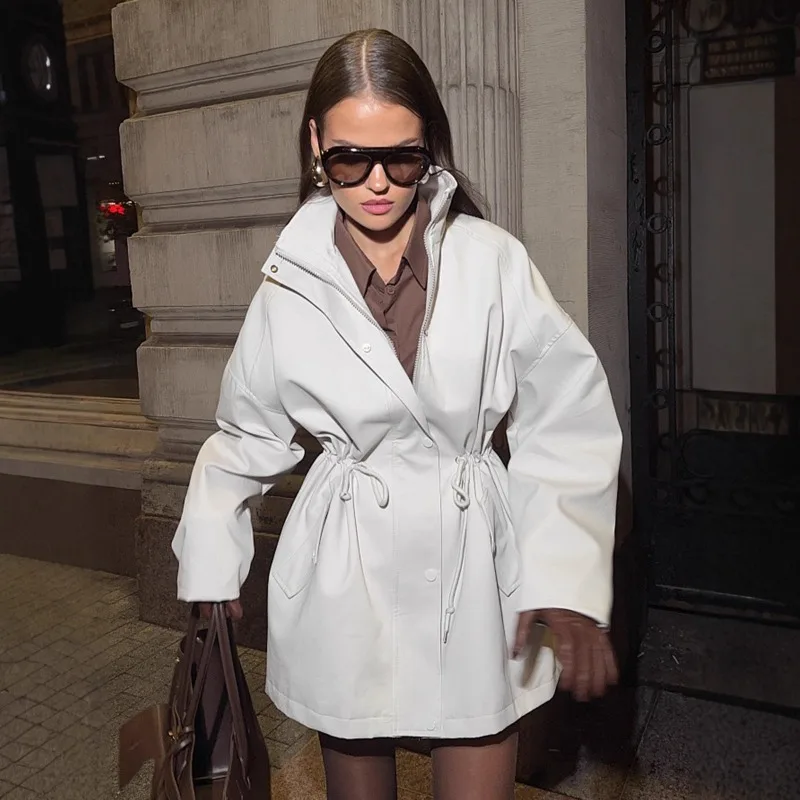 

Talenza Women Autumn Trench Coat Fashion Drawstring Slim Standing Collar Trench Coat Jacket Chic Patchwork Casual Female Outwear