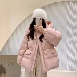 Women's Mid-Length Loose Down Jacket with Stand Collar, Warm Parkas, Drawstring Coats, Female Winter Coat, Korean, New, 2024