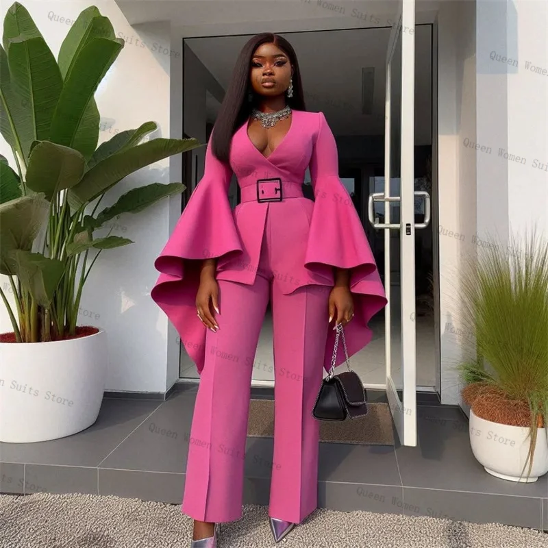 

Pink Women Suit Set 2 Piece Blazer Pants Trouser Flare Big Sleeve Formal Office Lady Jacket Cotton Wedding Bride Coat Customized