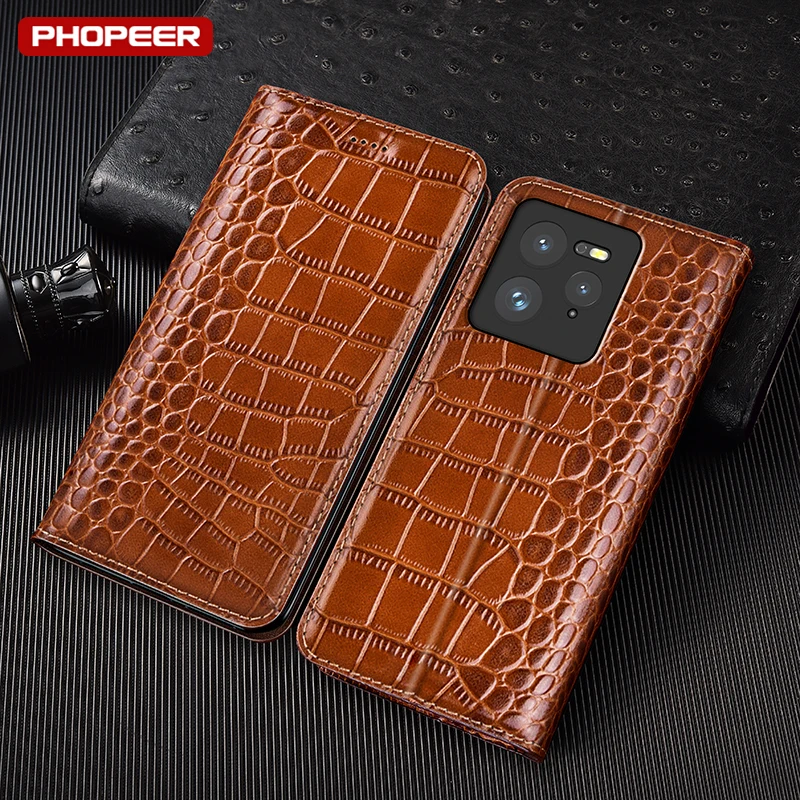

Genuine Leather Crocodile Textured Phone Cases For Realme GT7 GT6 GT5 GT3 GT GT2 6 6T 7 7T Pro 5G Master Flip With Card Pocket