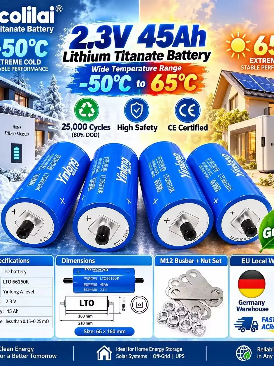 Yinlong LTO 66160K – ogniwo litowo-titanianowe, 2,3 V, nominalna pojemność 45 Ah, do samodzielnego montażu systemów magazynowania energii, 30 000 cykli, maksymalny prąd ciągły 450 A i prąd impulsowy — 2