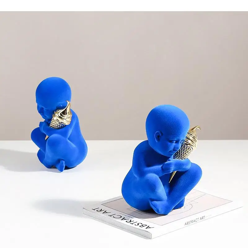 Blue Ice Cream Statue Ornaments Desk Decoration Flocking Crafts Sculpture Living Room Furnishings Modern Home Decor