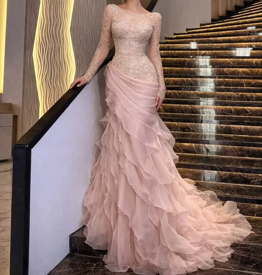 EGS Pink Prom Dress Off the Shoulder Long Sleeve Celebrity Dress Mermaid Women's Evening Dresses Layered Formal Gown Customized