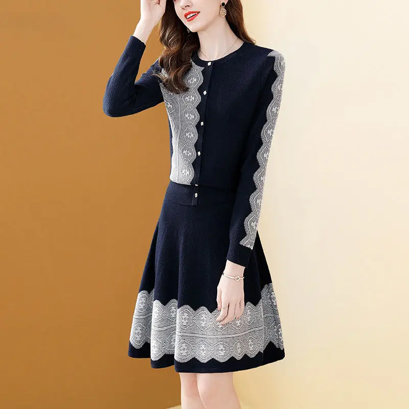 Spring Autumn England Style Popularity Dresses O-Neck Knee-length Single Breasted Lace Floral Women\'s Clothing Dignified Grace